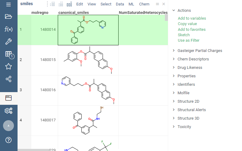 The custom context action for cells with molecules