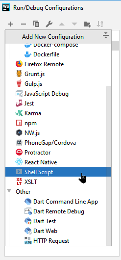 WebStorm: Adding a Shell Script configuration
