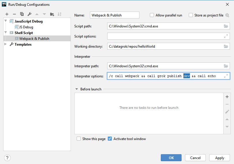 WebStorm: Shell Script configuration content