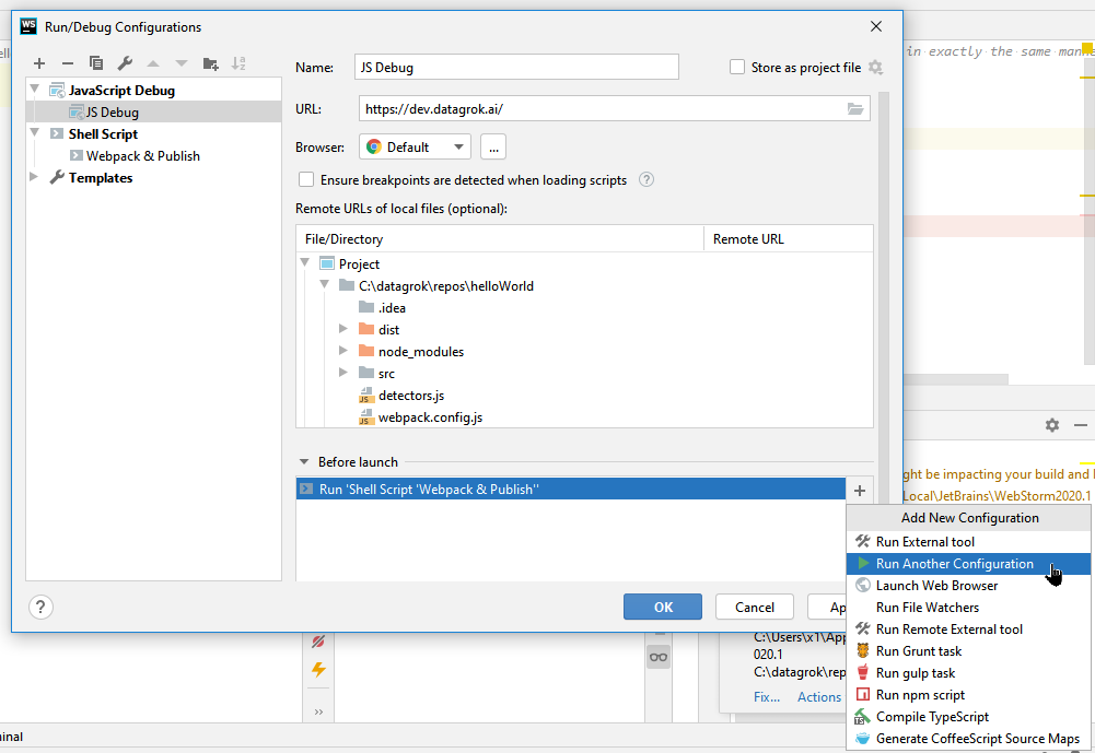 WebStorm: JavaScript Debug configuration content